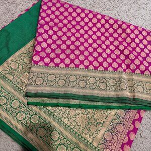 Luxury Banarasi Silk Saree – Pink & Green with Heavy Gold Zari | Wedding Bridal